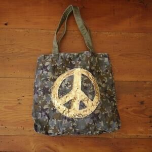 Camouflage Camo Stars Gold Sequin Sparkle Peace Sign Cotton Book Tote Bag Purse